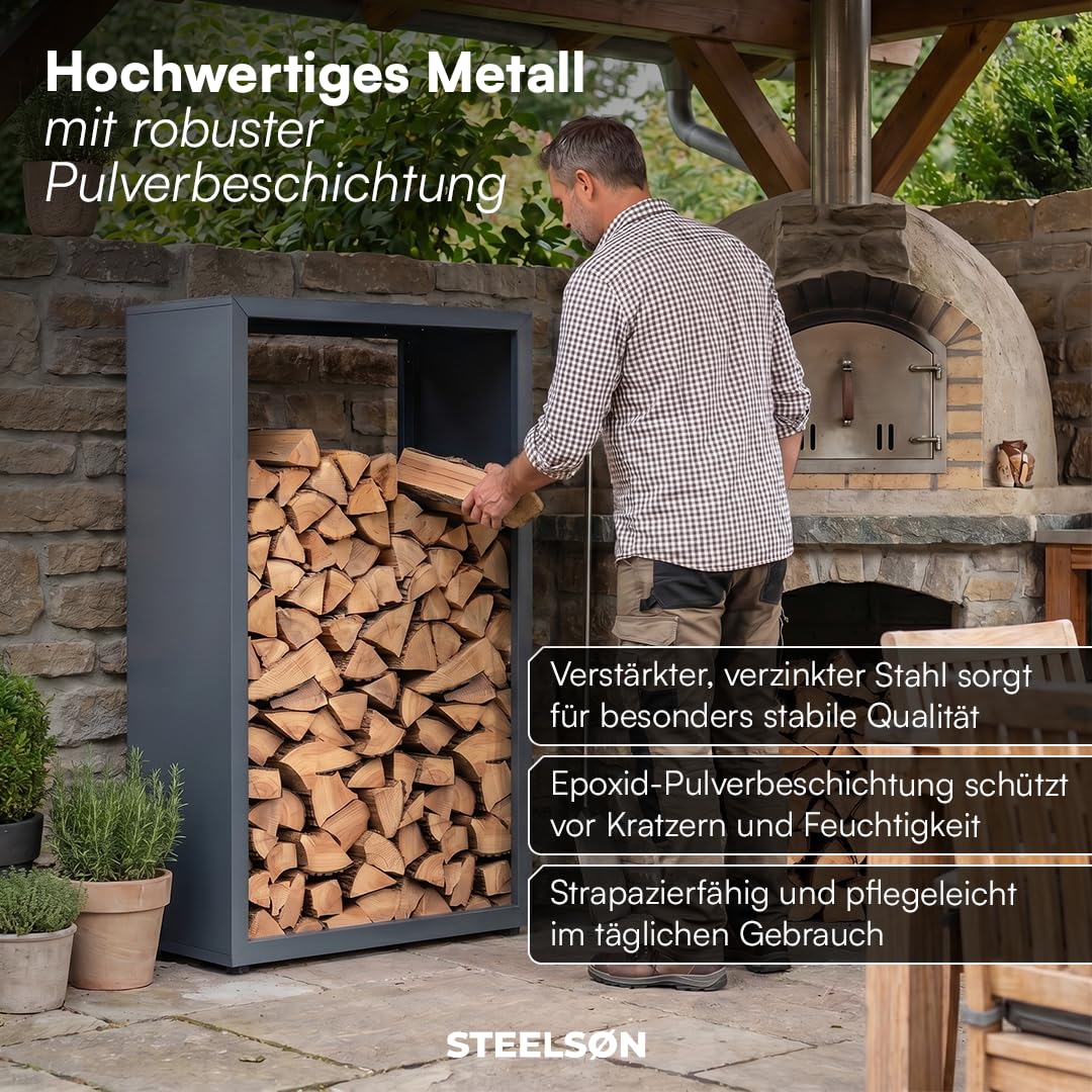 STEELSØN Keid Kaminholzregal 140x90x42,5 cm – Brennholz Regal für innen/außen – Holzunterstand stabiles Metall - rostfrei & wetterfest - Feuerholz Aufbewahrung Outdoor & Wohnzimmer/Keller - anthrazit