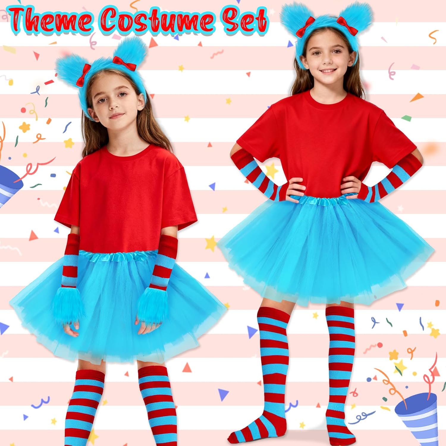 5 Pcs Girls Halloween Costumes Set,Blue Tutu Skirt/Fluffy Headband/Plush Wrist Cuffs/Striped Socks/Gloves Dress Up - Image 2