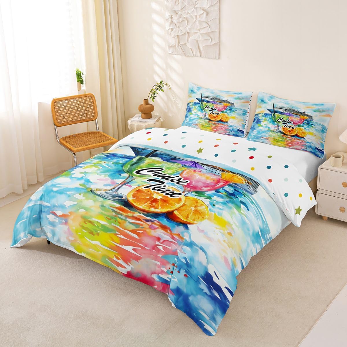 Summer Drink Duvet Cover Set,Vacation Casua Comforter Cover Toddler Size Watercolor Oil Painting 2 Pcs Bedding Set with Zipper Ties for Kids Boys Girls Bedroom Decor(No Comforter),Blue Pink