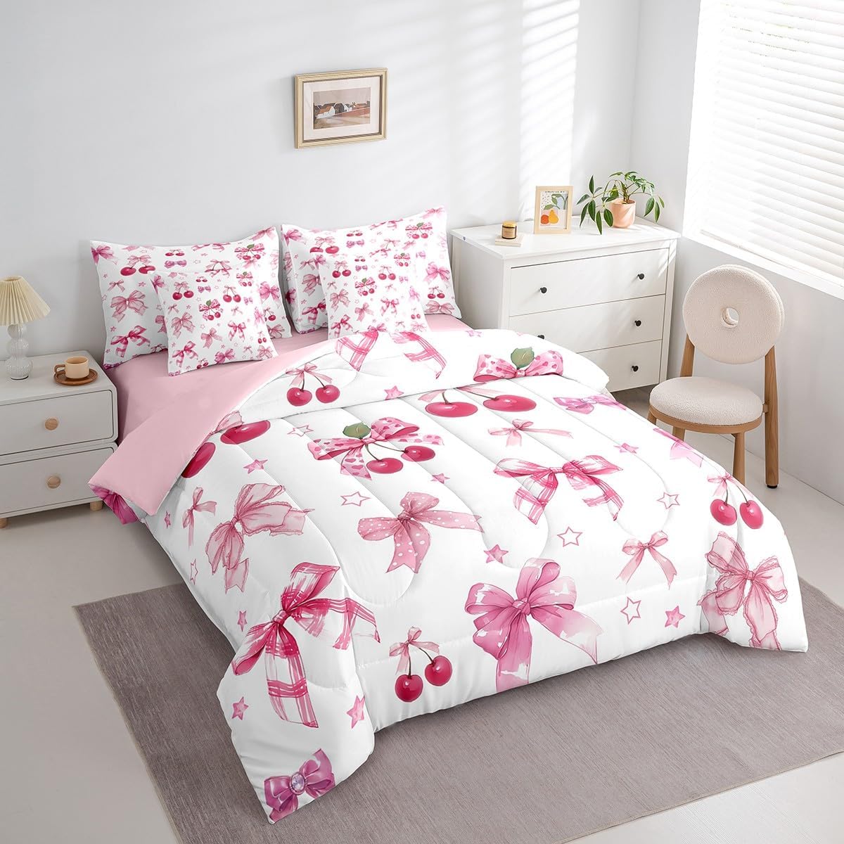 Manfei 7 Pieces Bowknot Comforter Set Queen Size, Cute Bow Cherry Bedding Set, Fuchsia Bow Ties Bed in a Bag with Comforter,Fitted Sheet,Flat Sheet and Pillowcases, Kids Girls Princess Room Decor image 3