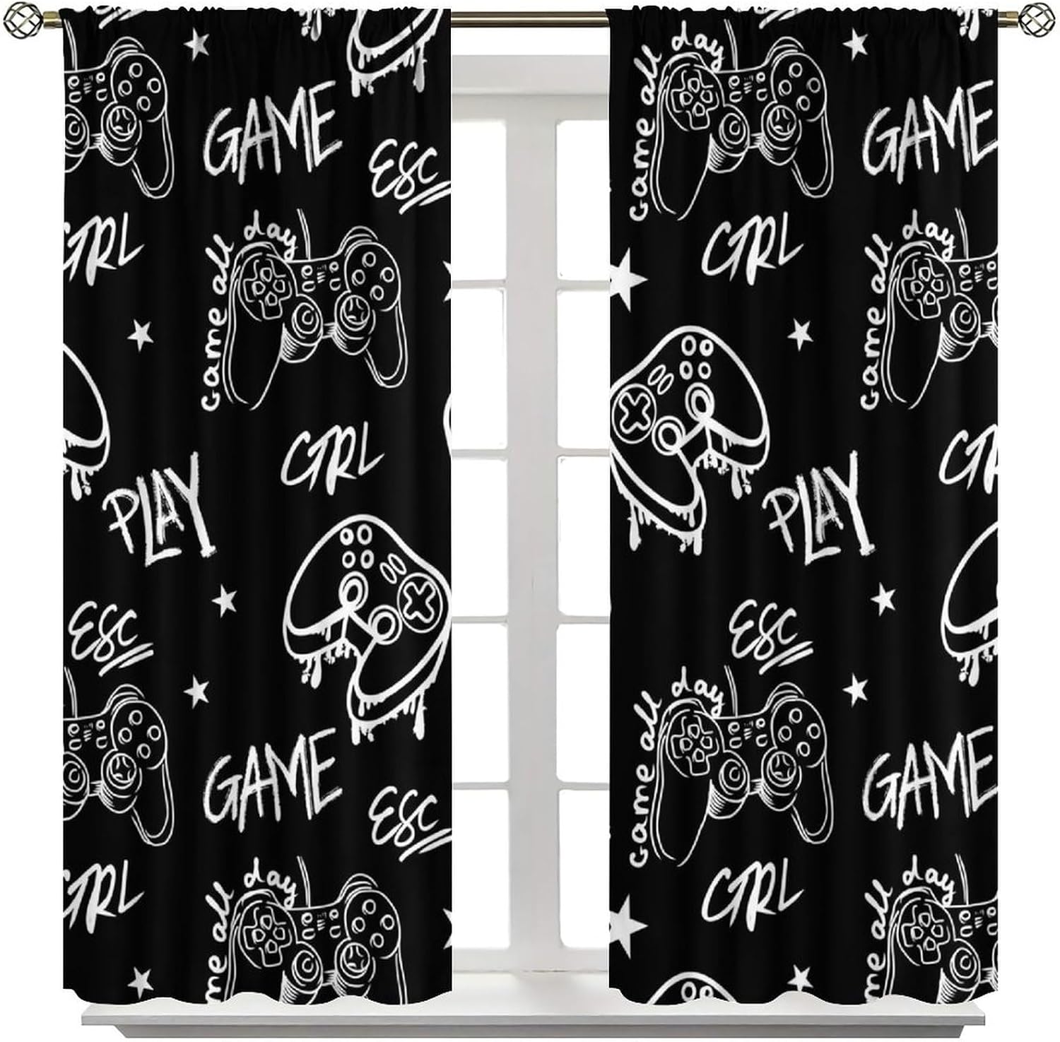 Gaming Curtains for Teens Boys,Black White Modern Gamer Window Treatments for Bedroom Kids Video Game Room,2 Panels Set,Total Size 42 x 54 Inch image 5