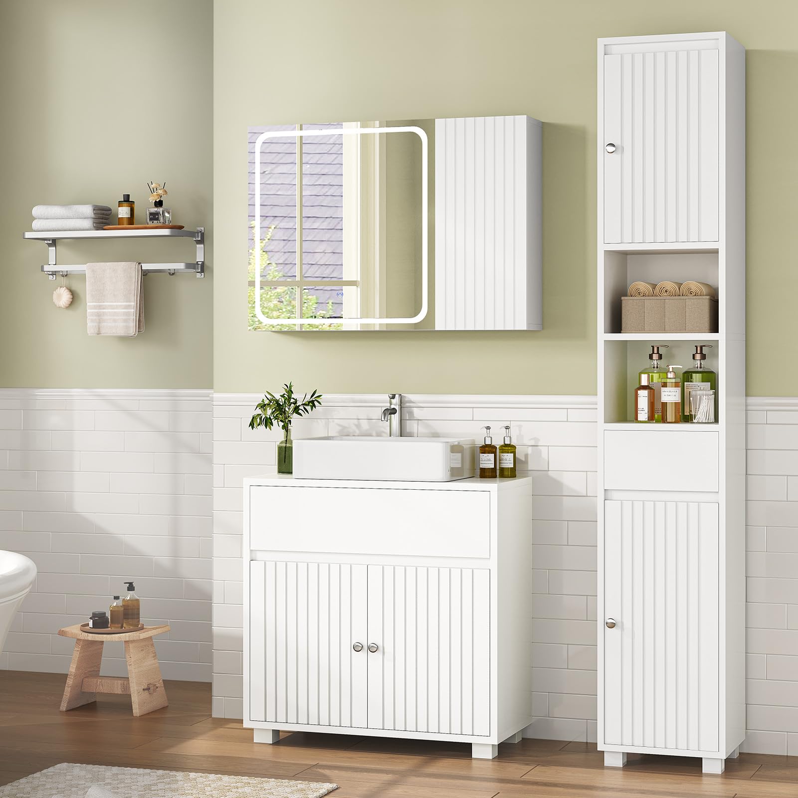 Spiegelschrank Bad 80 cm breit mit LED-Beleuchtung, Badezimmer spiegelschrank mit Verstellbarer Ablage, HD-Spiegel, 3 Farbtemperatur Dimmbare, Badezimmerschrank, Badschrank,60×80×16 cm, Weiß