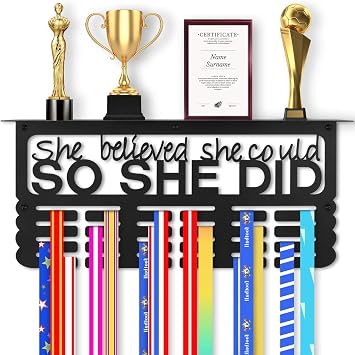 Medal Hanger Display with Trophy Shelf, Upgraded Sports Medal Holder Trophy Display Shelf Ribbon Holder Simple Wall Hanger SHE BELIEVED SHE COULD SO SHE DID