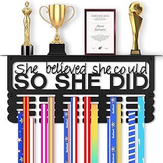 Medal Hanger Display with Trophy Shelf, Upgraded Sports Medal Holder Trophy Display Shelf Ribbon Holder Simple Wall Hanger (SHE BELIEVED SHE COULD SO SHE DID)