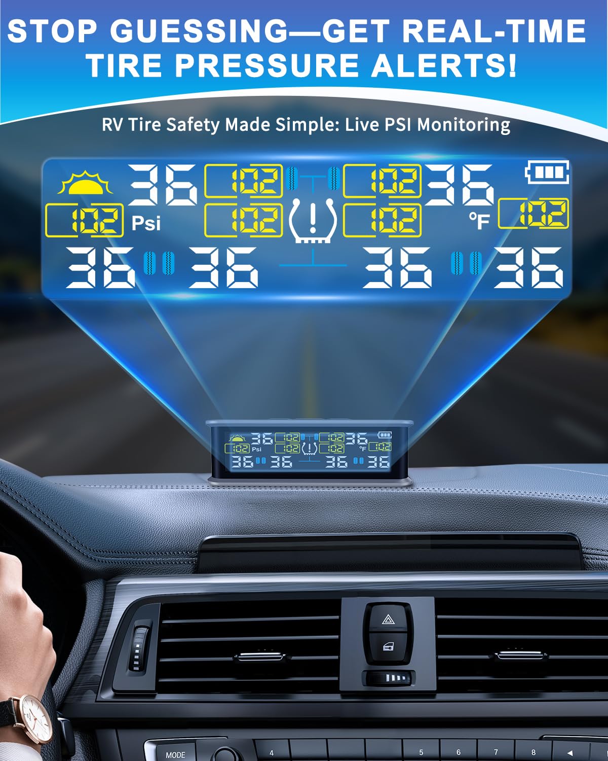 6-wheel rv tire pressure monitoring system (tpms) - 6 sensors & 6 alarm modes | 0-144 psi ±1.5psi, solar/usb charging | for dually trucks & heavy-duty trailers