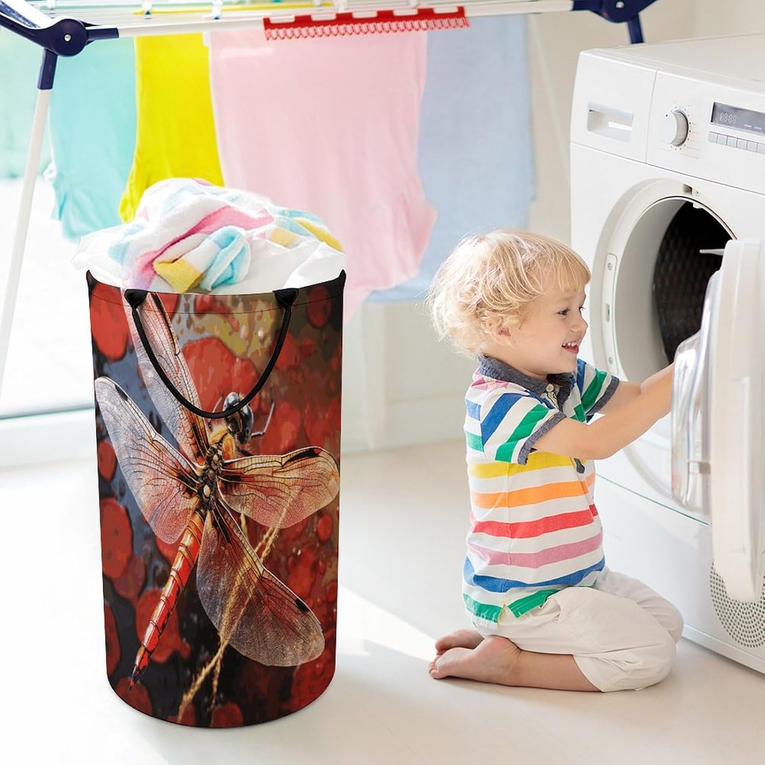 Red DragonflyLaundry Hamper - Large Dirty Clothes Bag.Storage Basket for Easy Carry Handles. Large Clothes Basket with Handles, Clothing Storage Bucket Toy Organizer for Bathroom Bedroom Dorm.