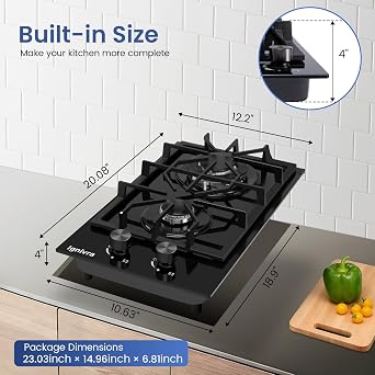 Gas Cooktop 2 Burner,12000W Built-in Gas Stove, Black Crystal Tempered Glass Propane Cooktop, 20.08x12.2 Top Propane Stove Indoor LPG/NG Dual Fuel Hob for Apartment Kitchen RV