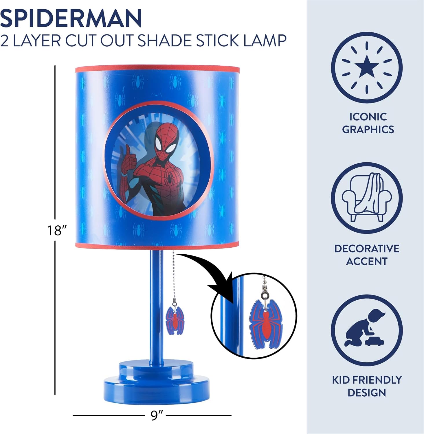 Marvel Spider-Man Table Lamp,2-Layer Cut Out Shade with Themed Print, Stick Lamp with Figural Pull Chain for Kids Bedroom or Playroom Decor