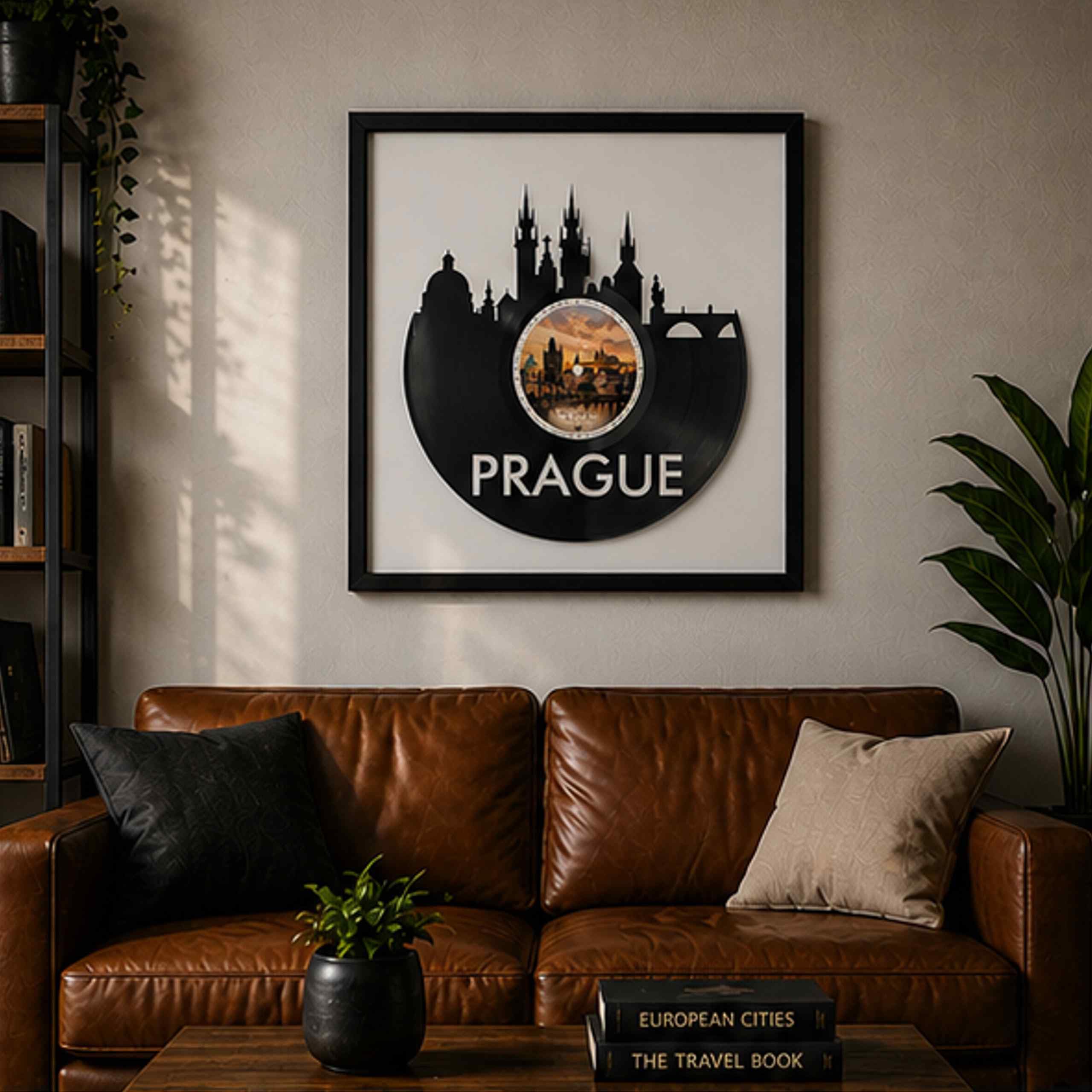 EVEVO Dekoracja ścienna z płyty gramofonowej w ramie 32 x 32 cm Praga - winylowa sztuka ścienna, prezent dla fanów Pragi