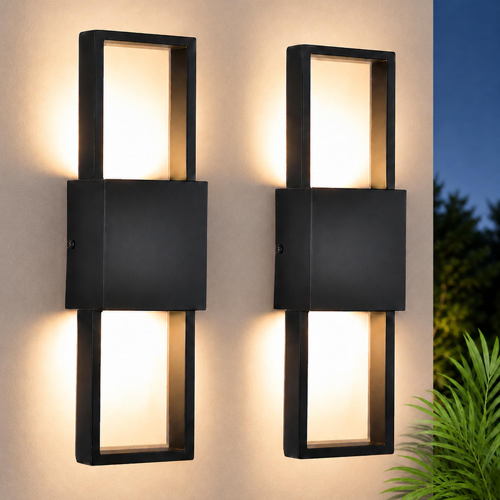 Alighting 10W LED Außenwandleuchte Up & Down 2 Pack | 3000K Warmweiß, Metall und Glas Wandleuchte, Fest Verdrahtet, IP44 Außenlampe für Hauswand, Balkon, Terrasse, Schwarz Matt