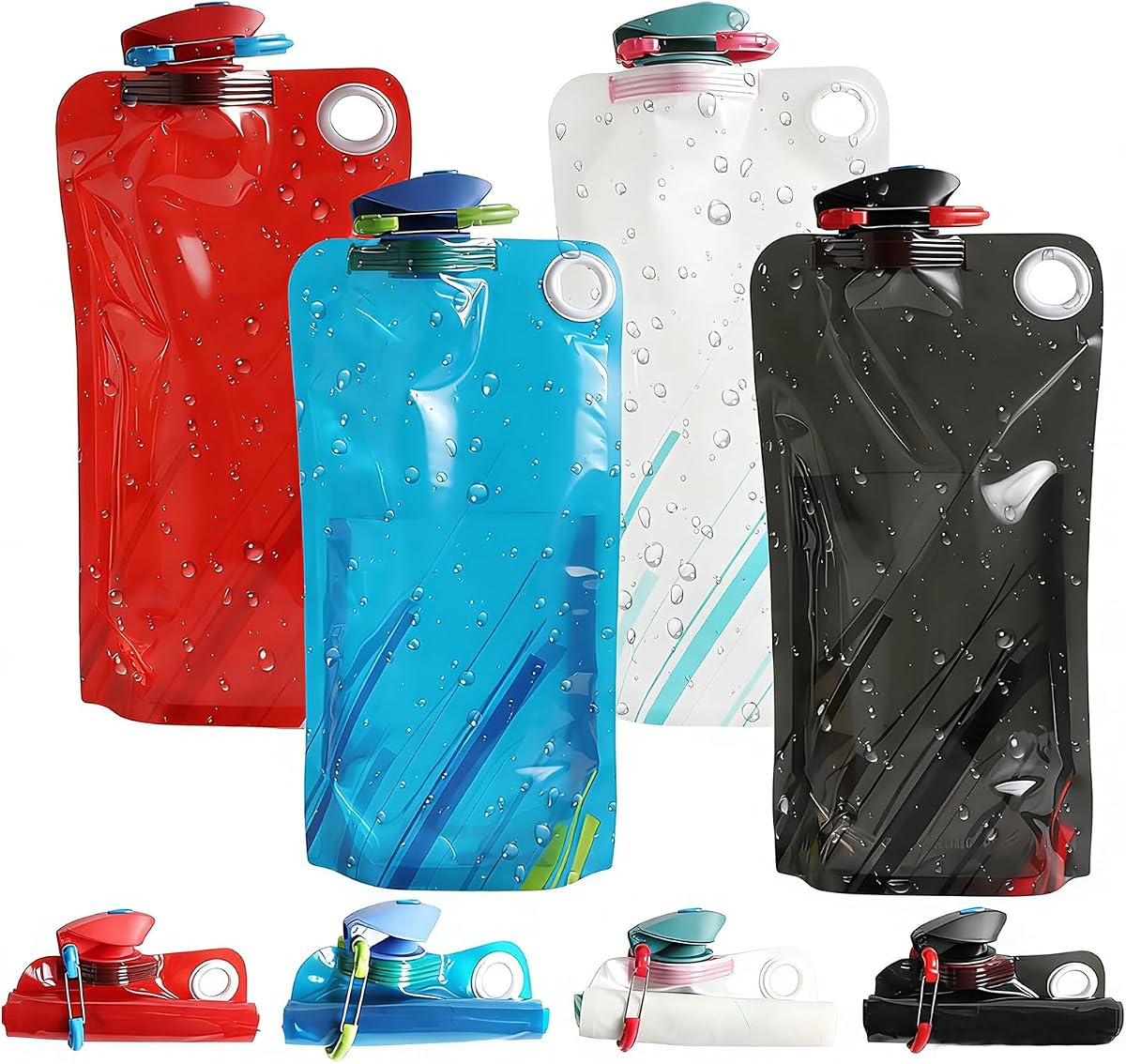 Paquete de 4 botellas de agua plegables para viajes – Botella de agua plegable a prueba de fugas de 34 oz con mosquetón, botella de agua portátil reutilizable sin BPA para senderismo, deportes, camping, ciclismo