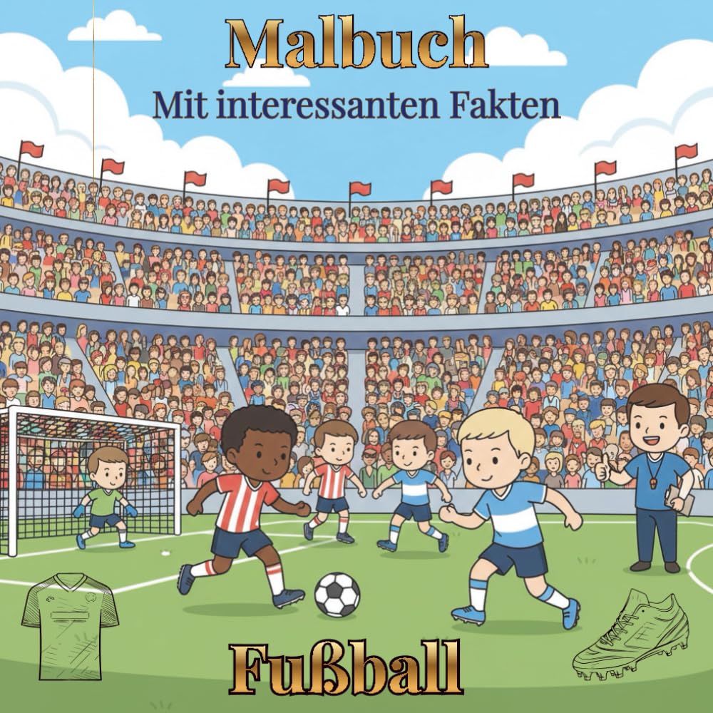 Fußball Malbuch für Kinder mit Fun Facts: +50 Bilder für Jungen | Alter 6-10 | Fußballer, Torwart, Schiedsrichter, Trainer, Trikots, Schuhe und vieles mehr
