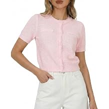 GOELIA Womens Summer Cropped Knit Top Cardigan Short Sleeve Frayed Edge Cotton Button Up Fitted T Shirts for Work Outwear