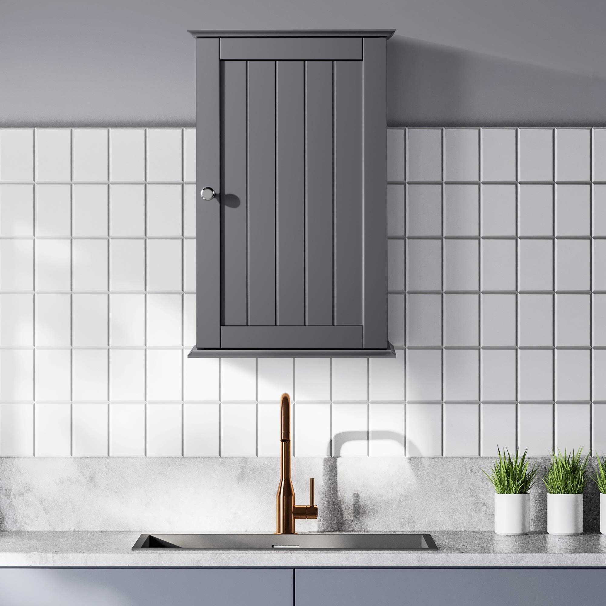 Yaheetech Armoire Murale de Toilette, Meuble de Rangement Suspendu Salle de Bain, 35 x 20,7 x 55 cm, Armoire à Pharmacie, 2 Étagère Réglables, avec Porte, en Bois Blanc WC Cuisine Gris