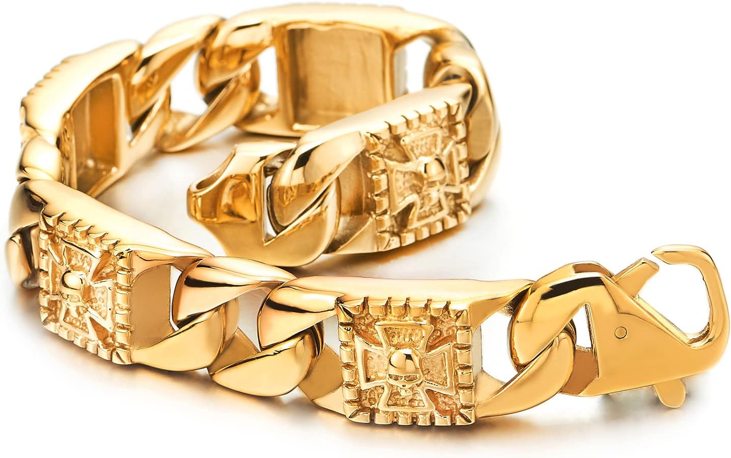 COOLSTEELANDBEYOND Mens Gold Color Stainless Steel Curb Chain Bracelet with Cross and Skull, Biker Gothic, Polished