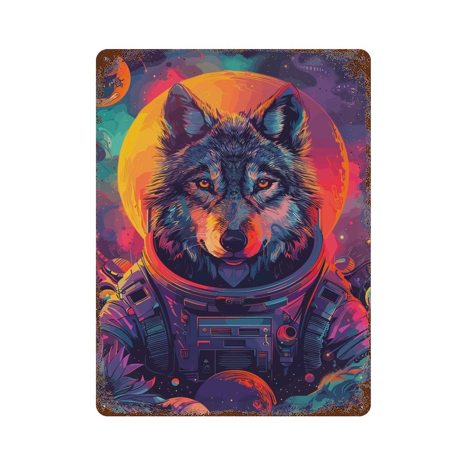 Weathered Tin Sign Wolf Astronaut Space 15.7"x11.8", Rustic Home Decor for Bistro, Counter And Cafe Decor