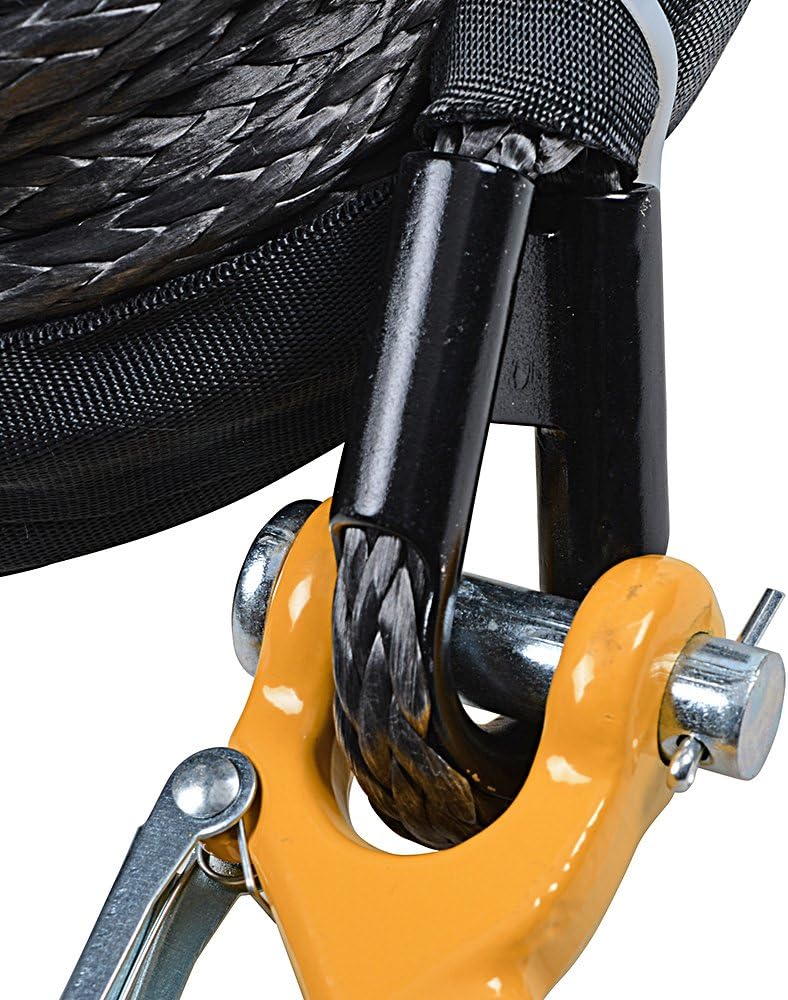 95' x 3/8" Synthetic Winch Rope Line Cable Heat Guard Yellow Hook + 10" Anodized RED Hawse Fairlead + 254mm Flip-Up License Plate Holder Kit ATV UTV KFI Truck Recovery