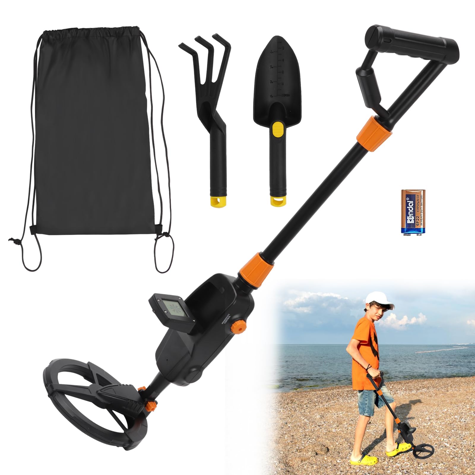 Detector de metales para exteriores, detector de metal para jardín, incluye pala de plástico, funda de transporte, pantalla LED, bobina de búsqueda impermeable para exploración al aire libre (1)