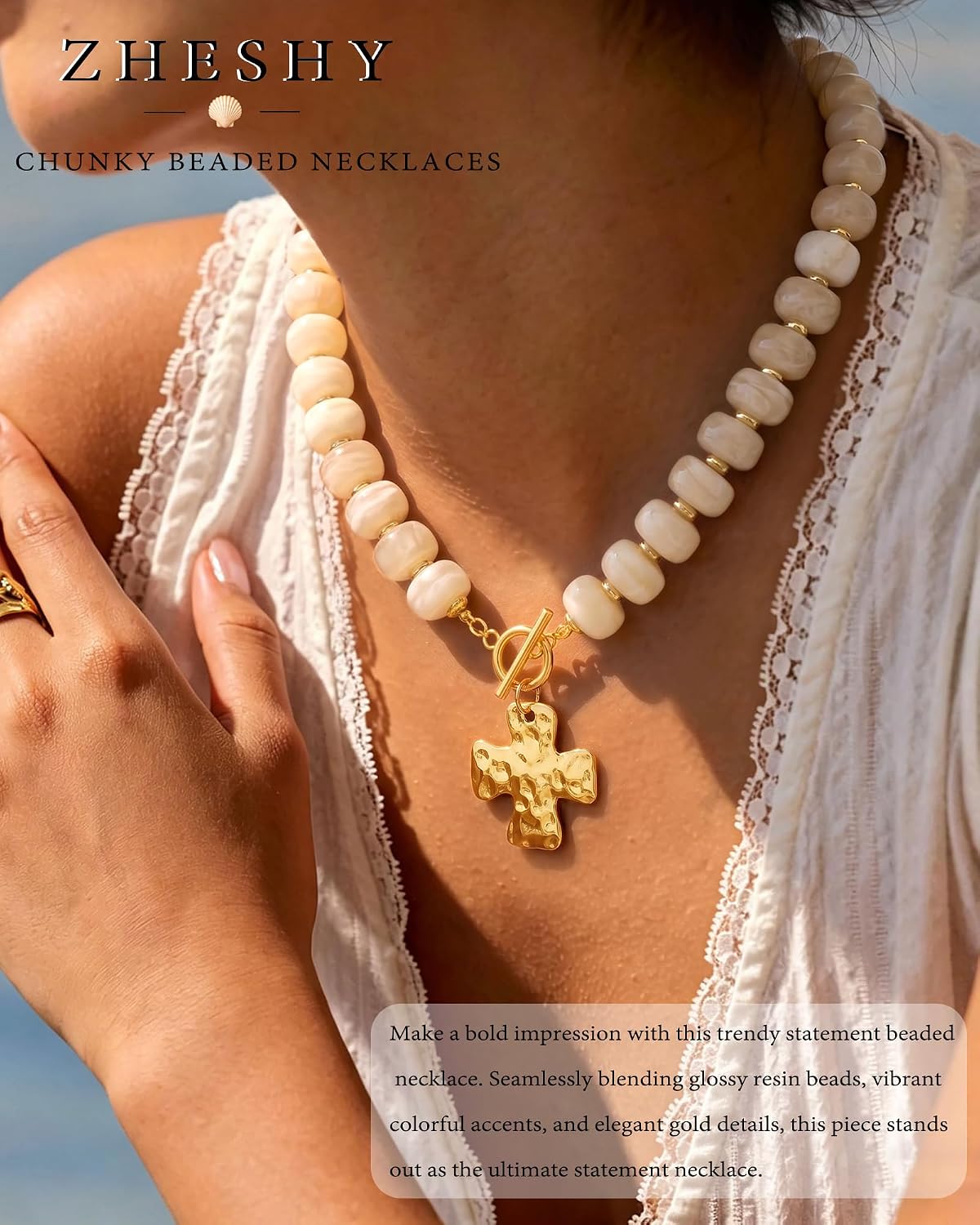 ZHESHY Chunky Beaded Necklaces for Women Heart Cross Statement Necklace