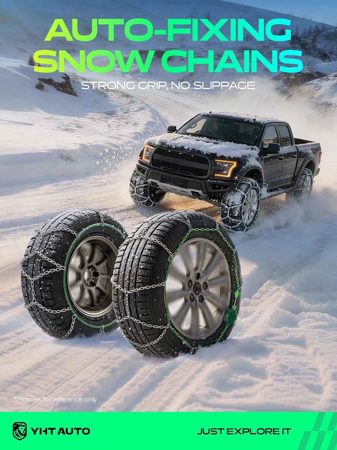 YHTAUTO Set of 2 Snow Chains 16mm for Pickup Truck SUV Passenger Car Universal Fit Tire Chains Auto-Tightening Quick Installation, Anti-slip Traction in Snow, Mud, Sand | SWC0006
