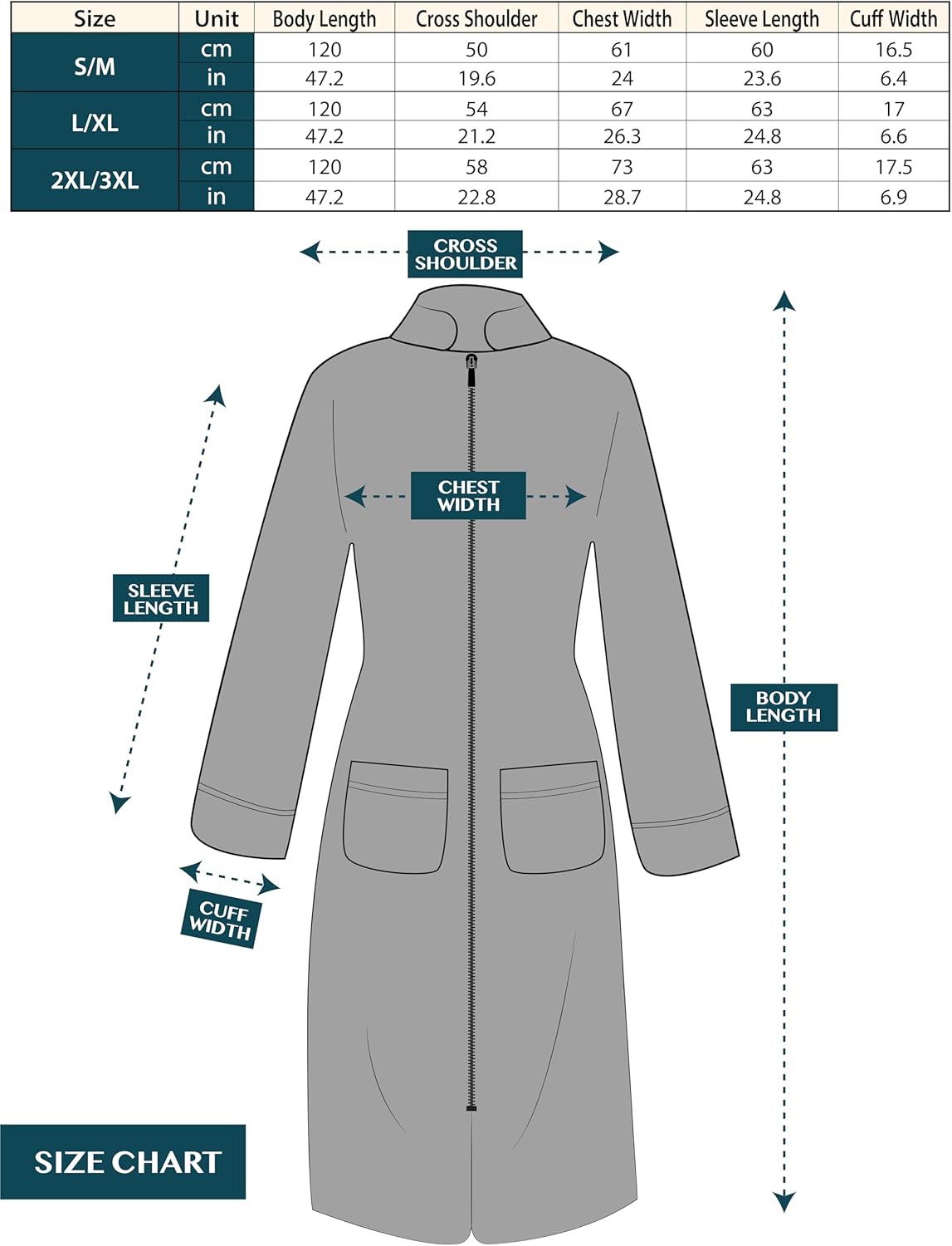 Blue Microfiber Fleece Long Sleeve Zip Robe with Pockets