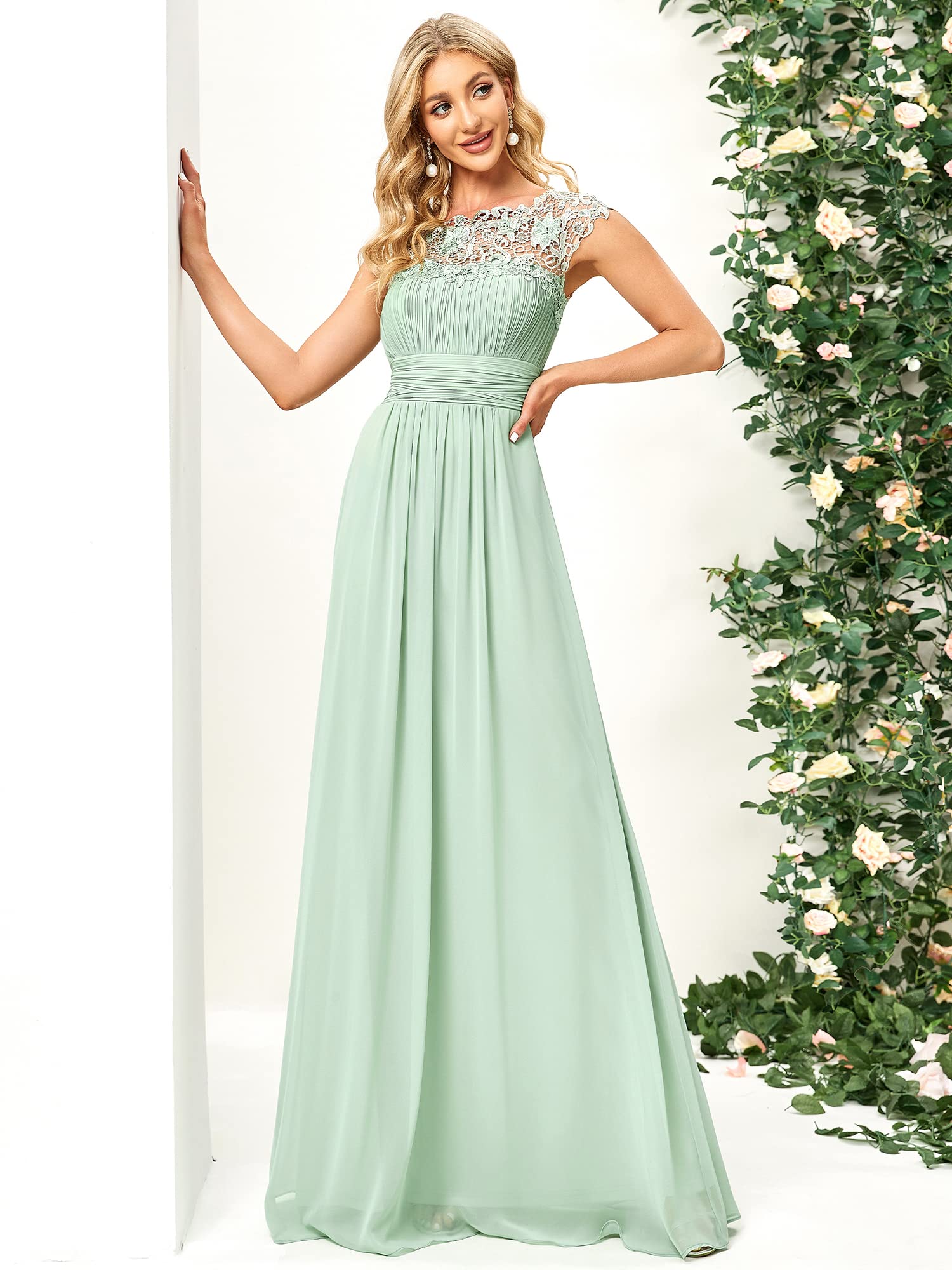 Ever-Pretty Damen Abendkleider Kurze Ärmel Rundkragen Spitze Empire A-Linie Elegant Chiffon Bodenlang Brautjungfernkleider EP09996