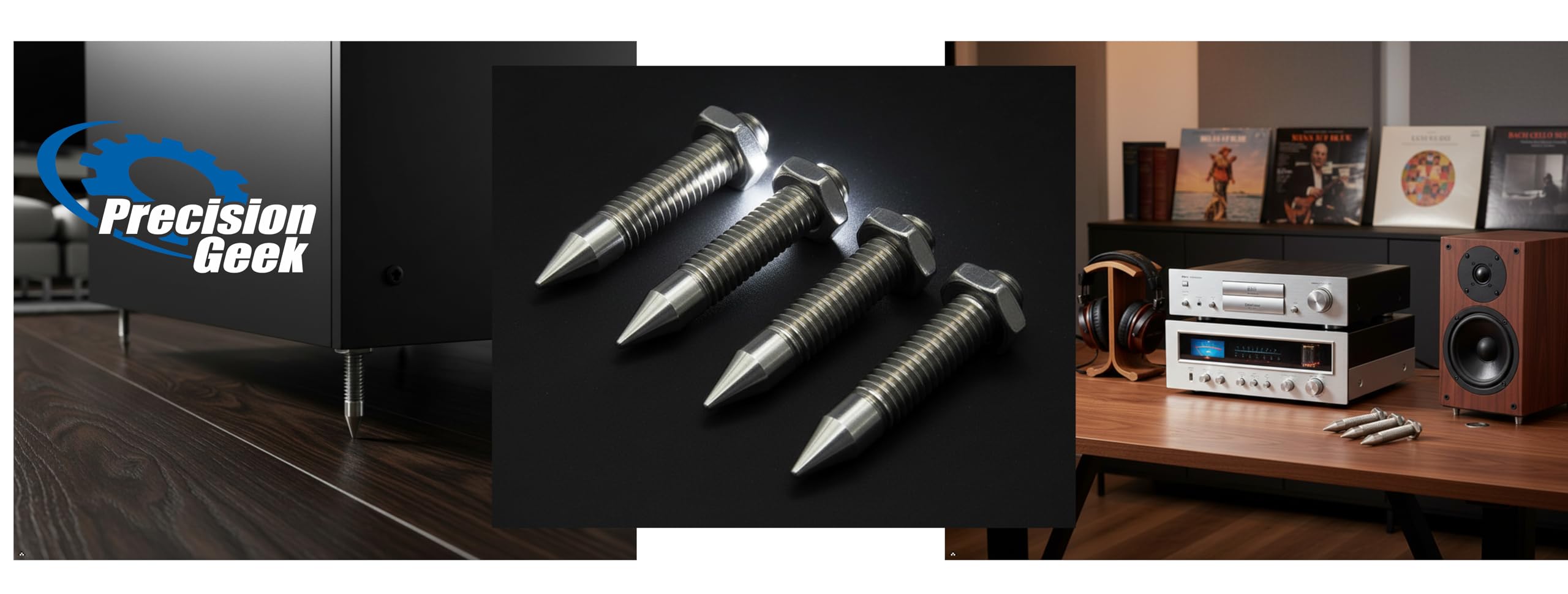 PrecisionGeek - M8 Pointes de Haut-Parleur (M8 x 45 mm | Acier Noirci) – Lot de 4 – Pointes HiFi Antivibrations et Pieds d’Isolation pour Enceintes, Amplificateurs, Caissons et Supports Audio