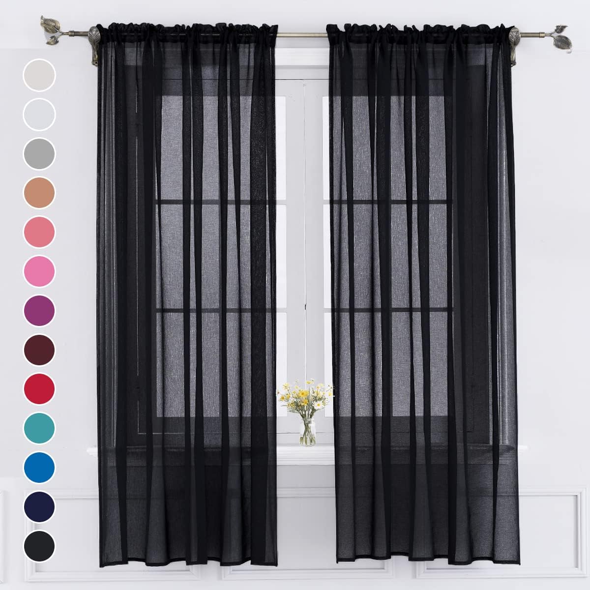 Yancorp Semi Black Sheer Curtains 84 inches Long 2 Panels Set for Living Room Privacy Window Drapes Solid Tulle Voile Light Filtering Rod Pocket Yard Patio Villa Parlor Kitchen（Black，W52 X L84）