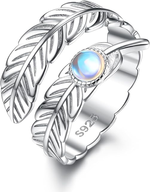 KRFY 925 Sterling Silver Adjustable Rings for Women Girls Wedding Engagement Eternity Moonstone Ring Feather Angel Wings Adjustable Open Thumb Rings for Women Men Silver