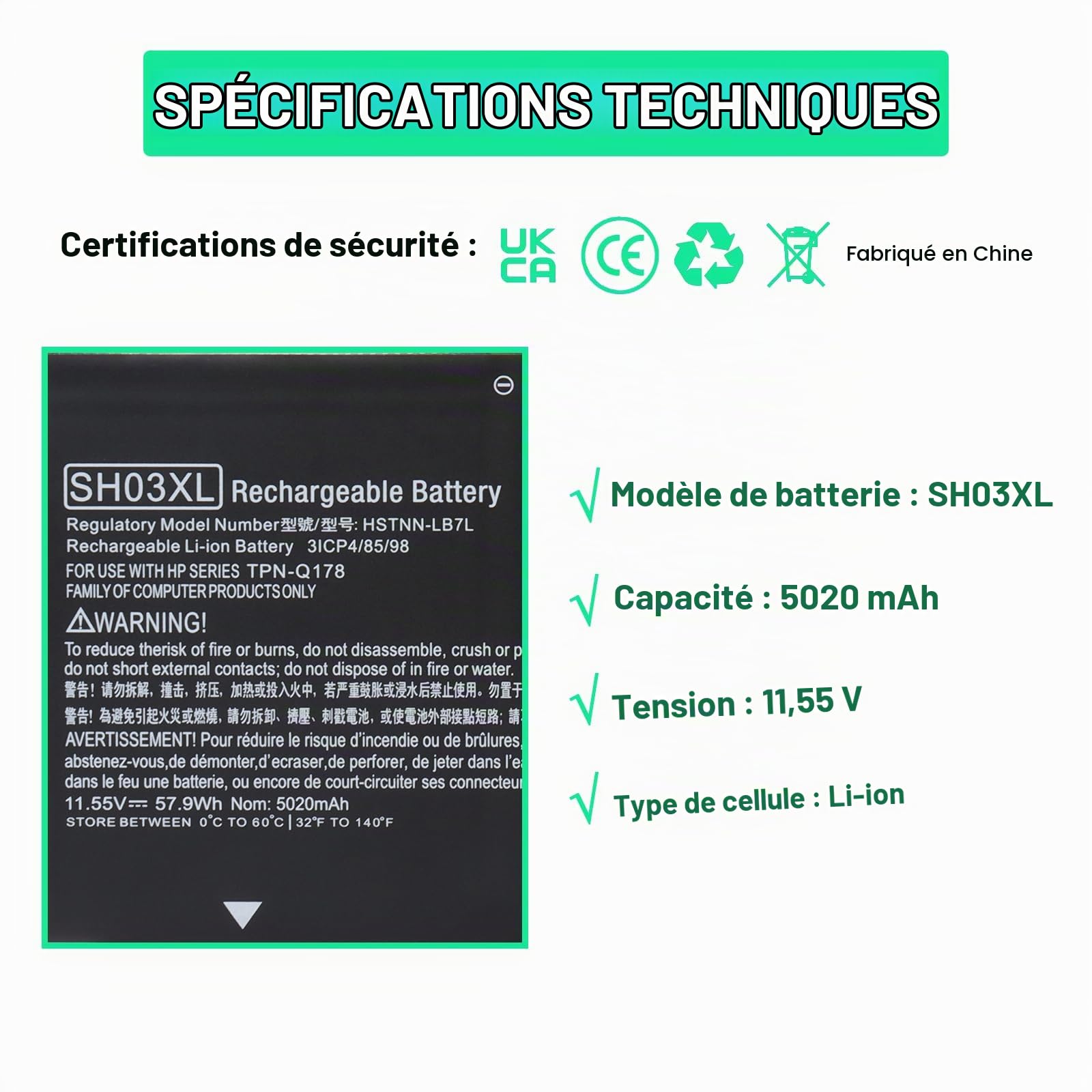 SH03XL Batterie pour HP Spectre X360 13-AC0XX 13-AC033DX 13-AC023DX 13-AC052NA 13-W0XX 13-W063NR 13-W013DX 13T-AB000 HSTNN-LB7L L11421-542 859026-421 CN03XL [11.55V/57.9Wh]