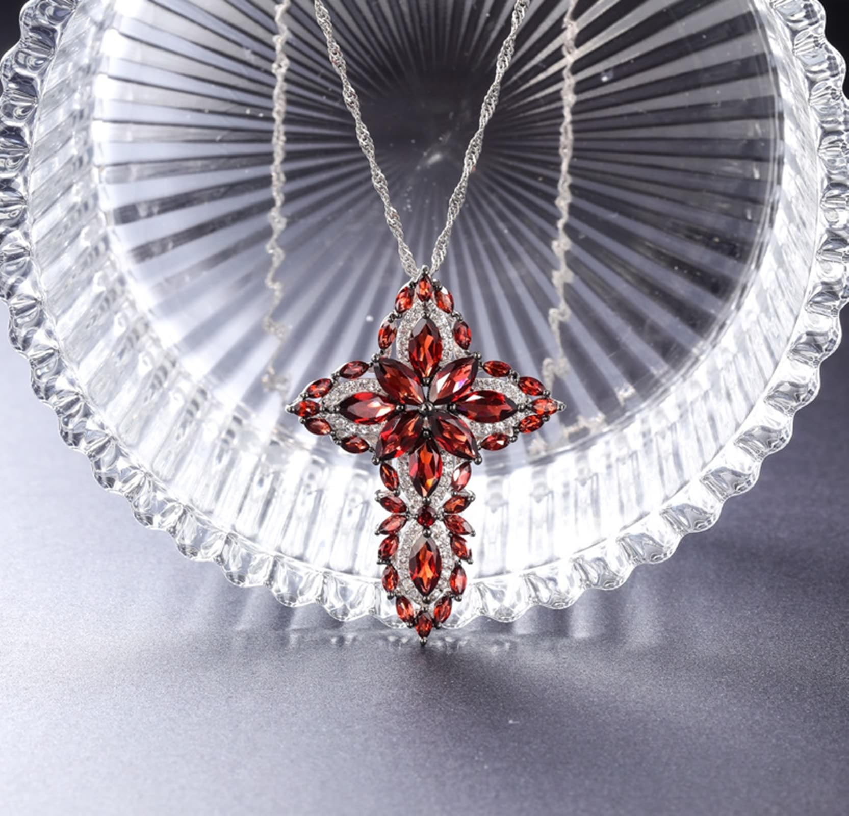 KnSam 925 Sterling Silber Halskette Echtes, Klassiker Glänzend Kreuz Anhänger mit Garnet - Rot & Marquise, Sterlingsilber Kette Damen Anhänger Zirkonia für Frauen, 45cm