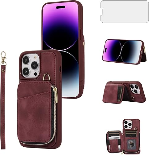 Asuwish Funda de teléfono para iPhone 14 Pro Max de 6.7 pulgadas, funda tipo cartera con protector de pantalla y soporte para tarjetas, accesorios
