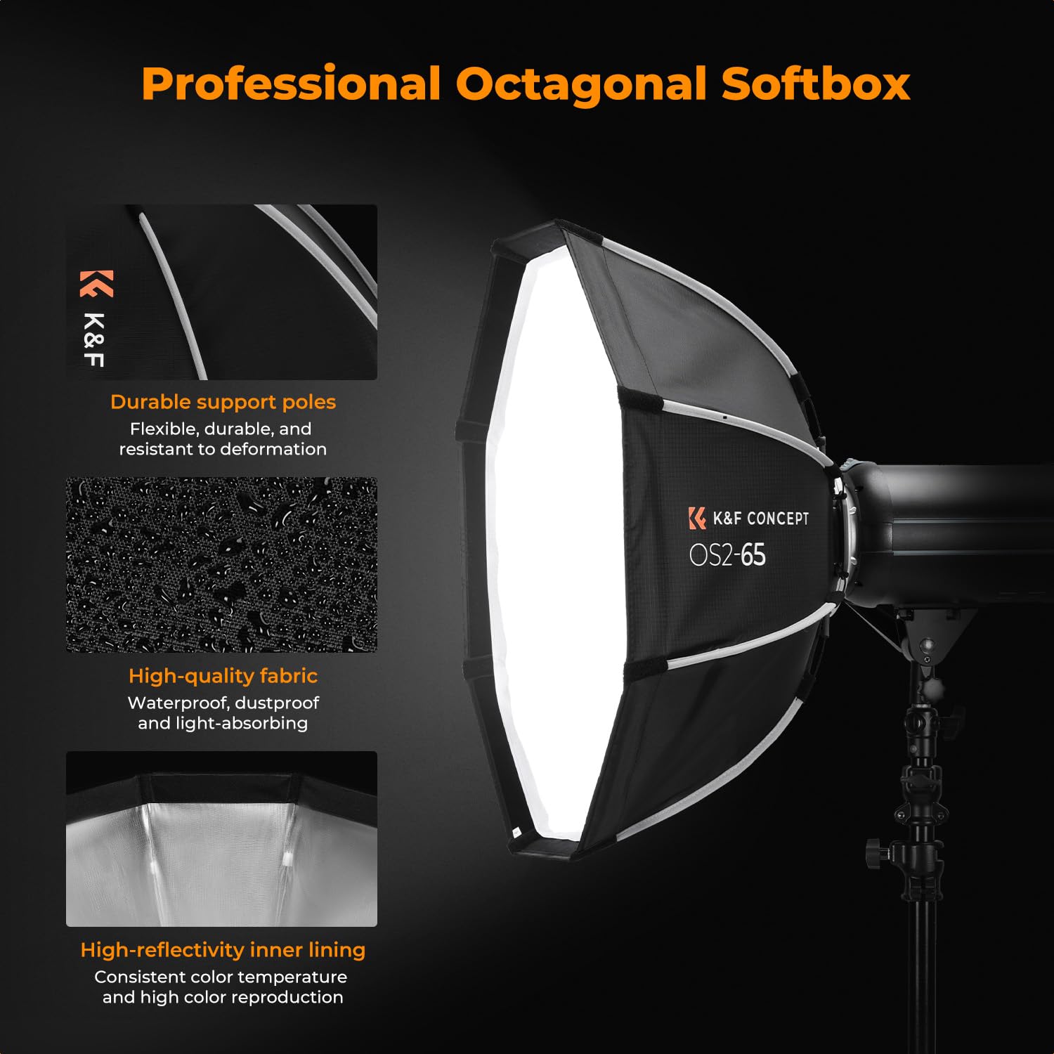 K&F CONCEPT Softbox Octogonal 65cm Démontage Rapide Bowens | Grille nid d'abeille, diffuseur, sac transport, parapluie pour COB, studio photo vidéo, LK05