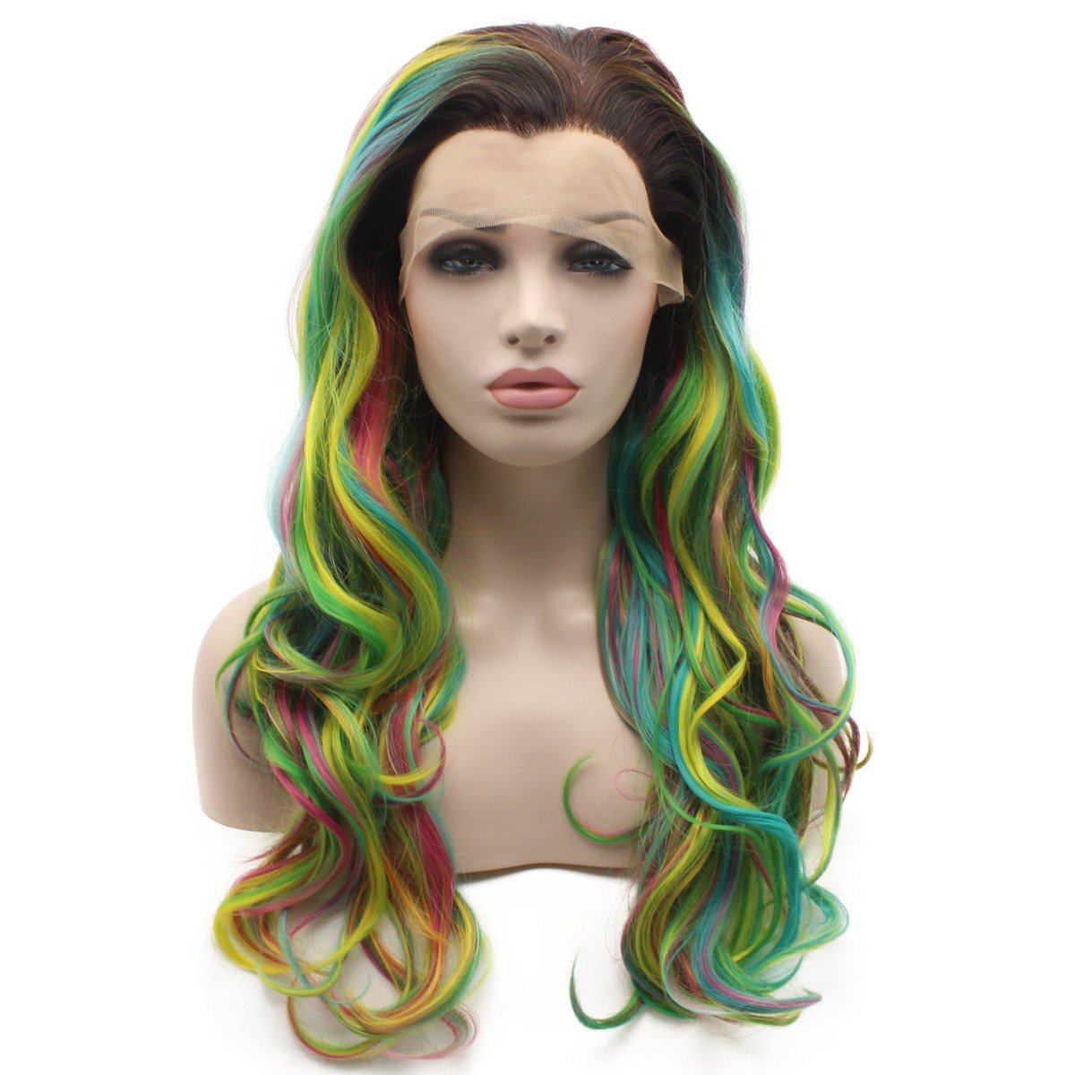 iwonawig Iewig Long Wavy Heat Resistant Synthetic Lace Front Dark Root Colorful Wig