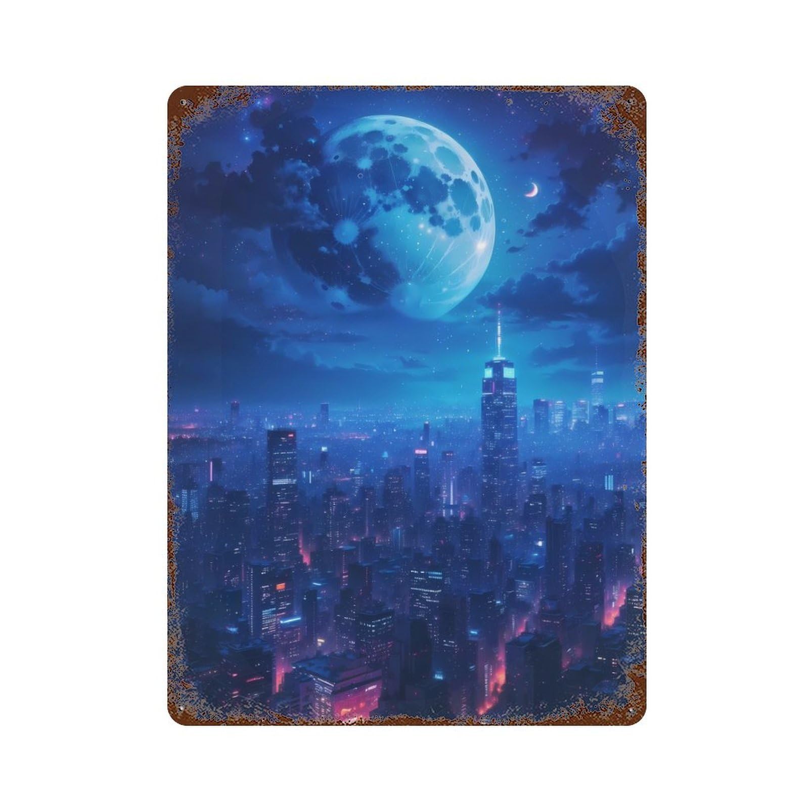Distressed Metal Wall Sign Celestial Cityscape 15.7"x11.8", Retro Wall Decor for Basement, Hobby Room And Garage Decor
