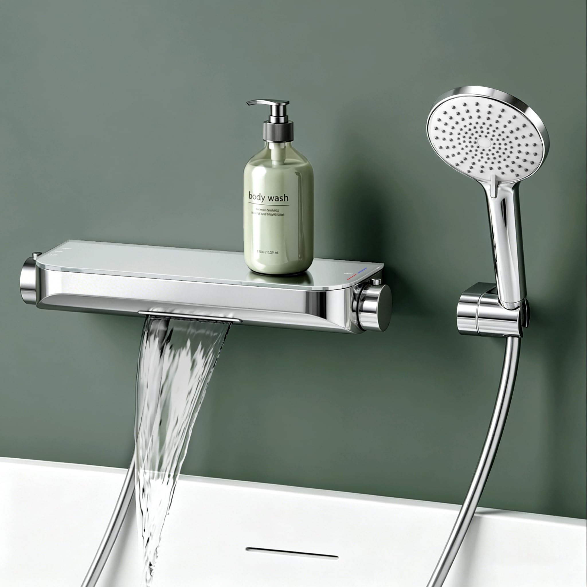 Mai & Mai Thermostatic Bath Taps with Shower Attachment, Waterfall Bath Mixer Tap with Concealed Valve, Handheld Shower Head with 3 Spray Modes and Hose Set, Duschsystem8, Chrome