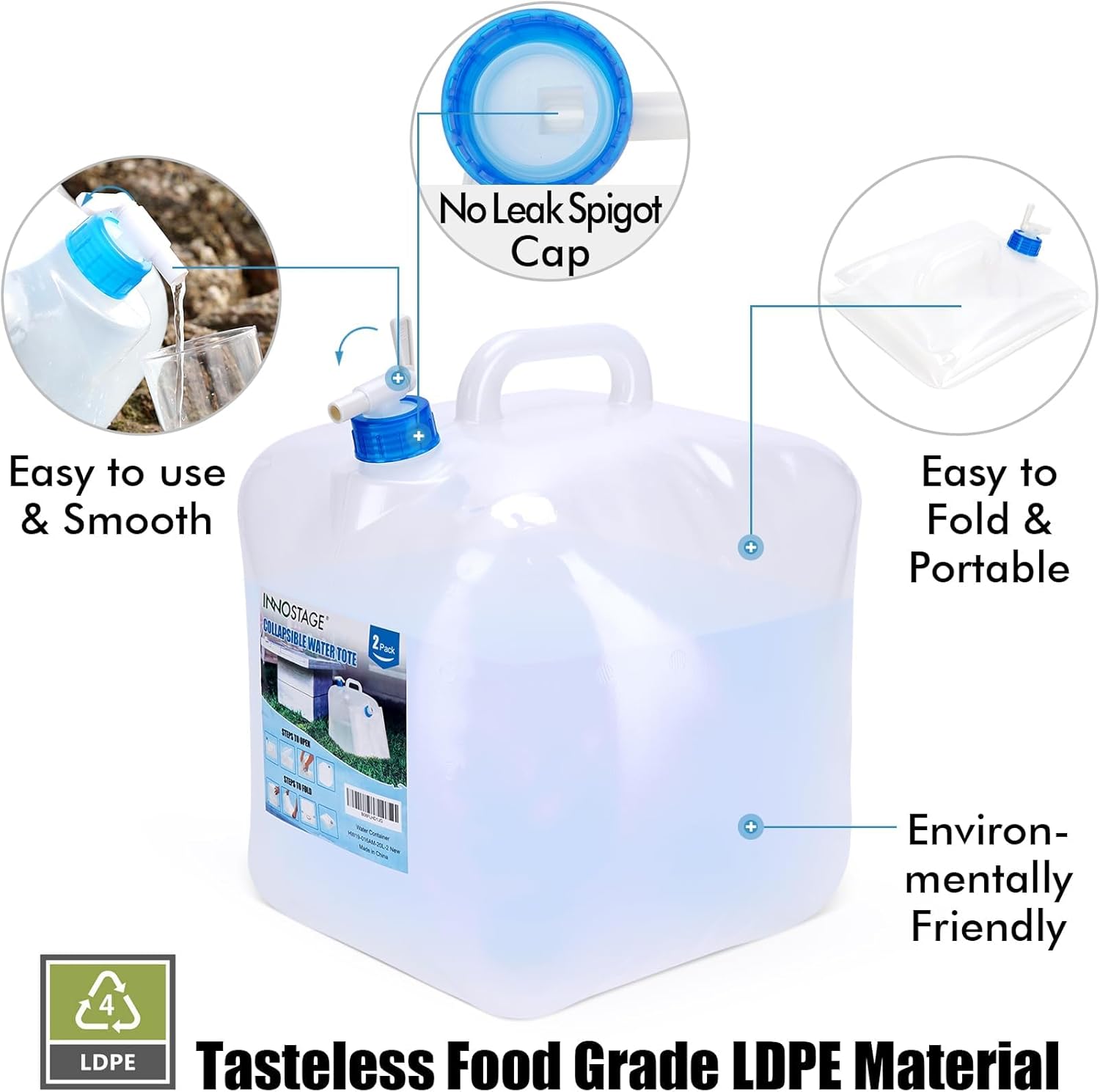INNO STAGE 2 PACK Collapsible Water Container 5.3 Gallon with Spigot, Camping Water Storage Carrier Jug for Outdoors Hiking, Foldable Portable Water Canteen - Image 3