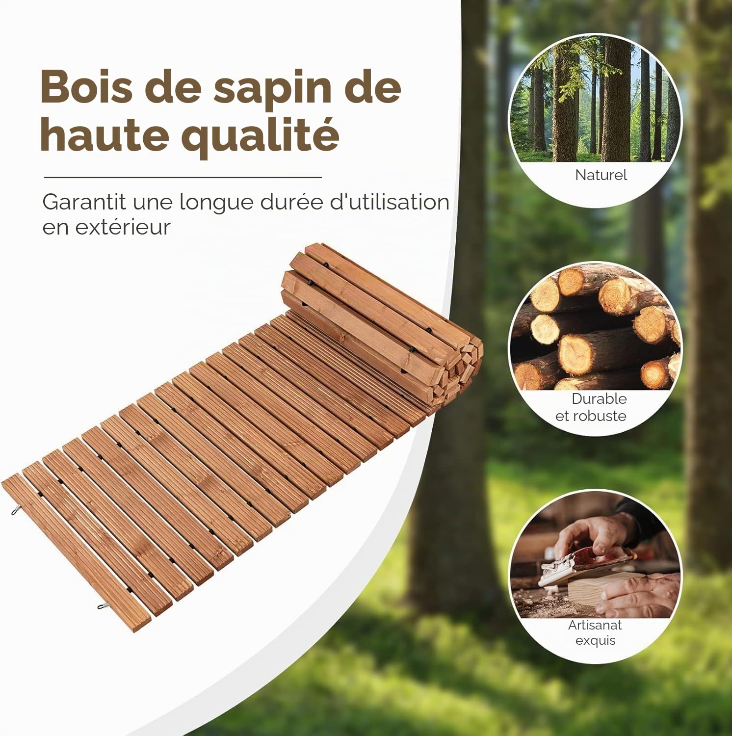 FANTASK Chemin de Jardin déroulable en Bois - 245 cm - Largeur : 55 cm - Chemin Roulant avec Fil d'acier - Marron Clair
