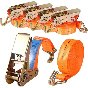 Pack of 4 Tie Down Straps with Hook Ratchet in 4 m 1000 kg 1T Two-Piece 25 mm Ratchet Straps Lashing Straps for Load Securing T V/GS Certified Orange