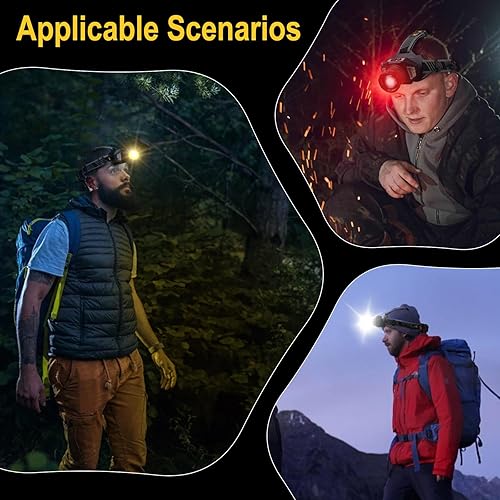 Miniatura 6 de BORUIT Linterna frontal LED recargable con luz roja, lámpara de cabeza con sensor de movimiento súper brillante con 8 modos, impermeable IPX4, faros