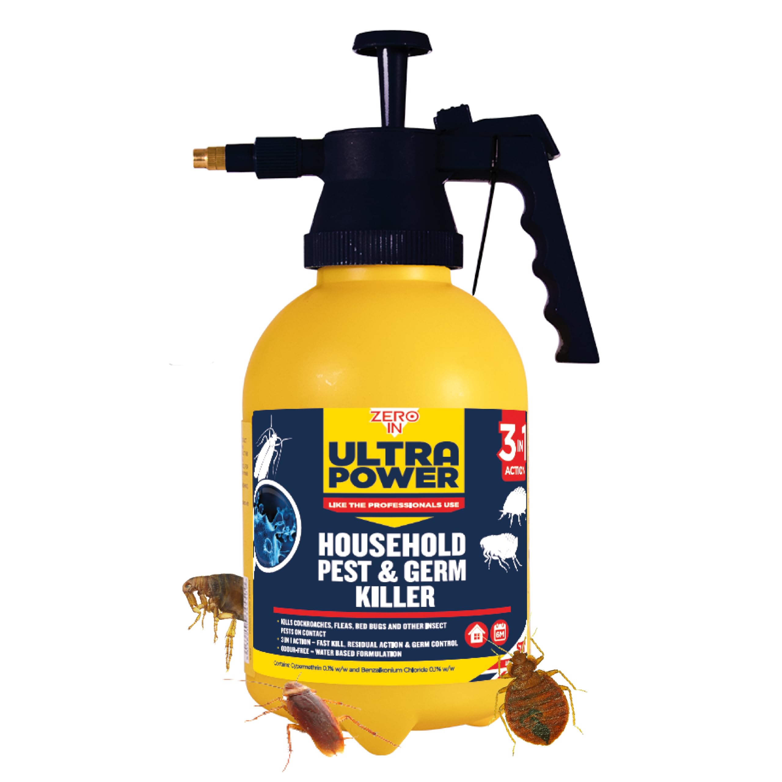 Zero InHousehold Germ & Insect Killer - 1.5L Pressure Sprayer Professional Strength Indoor Use Anti-Bacterial Long-Lasting Protection Kills Cockroaches, Fleas and Bed Bugs, Blue