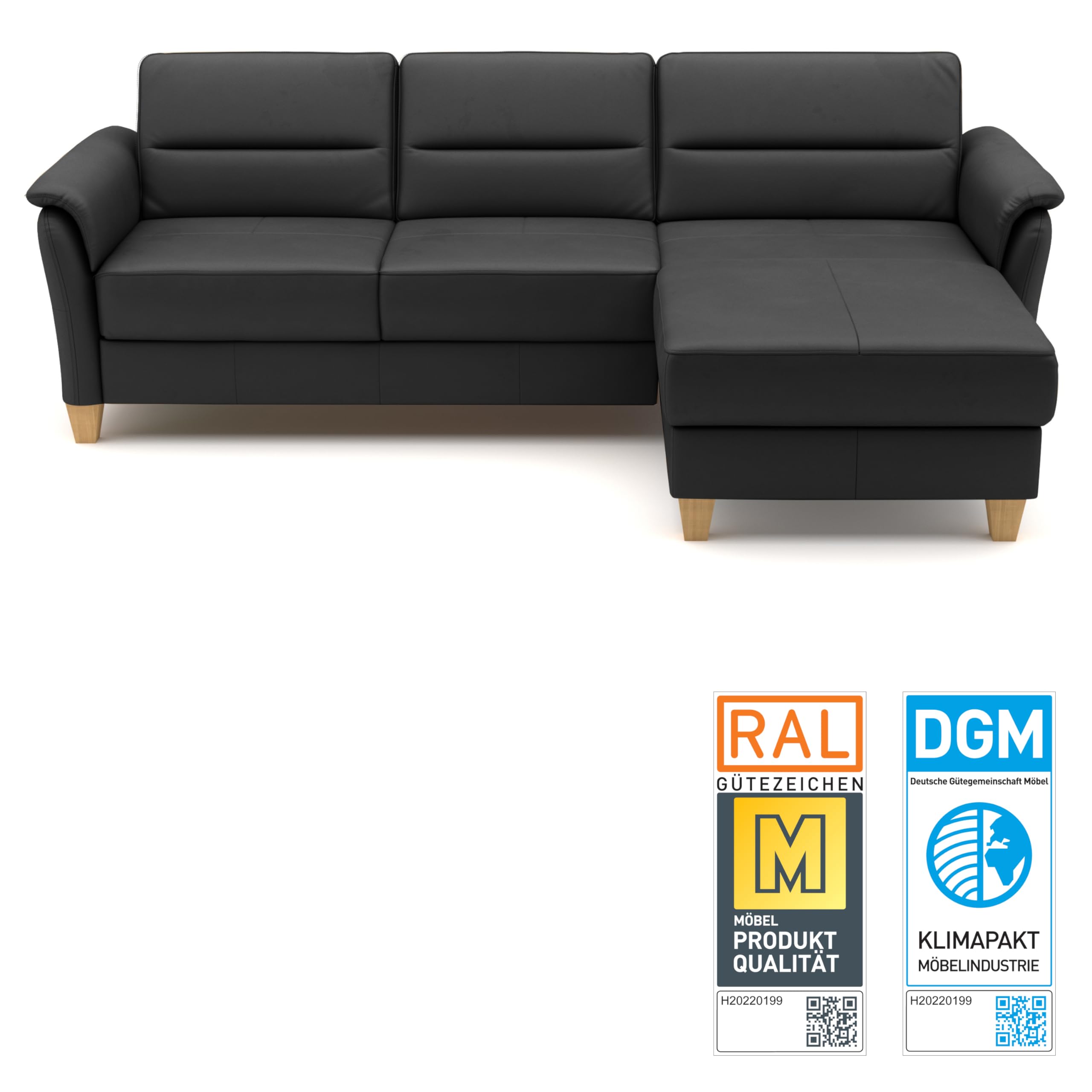 CAVADORE Leder-Eckcouch Palera mit Longchair / Landhaus-Sofa mit Federkern + massiven Holzfüßen / 244 x 89 x 163 / Leder Schwarz