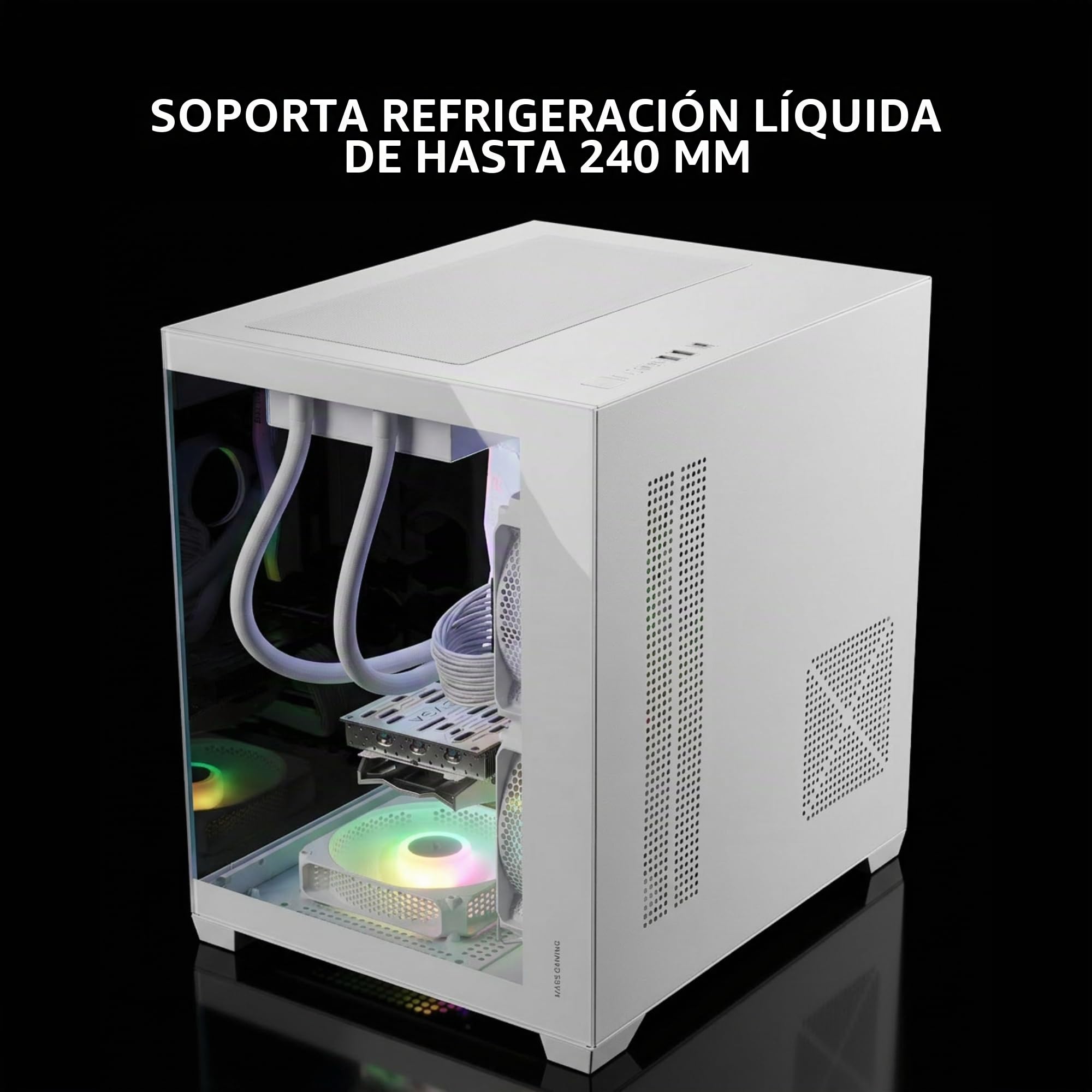 Mars Gaming MC-VIEW3, Caja PC MicroATX, Cristal Templado Panorámico, 3X Ventiladores ARGB 120mm, Doble Cámara, Soporte Refrigeraciones Líquidas hasta 240mm, Minitorre Compacta con USB-C, Blanco