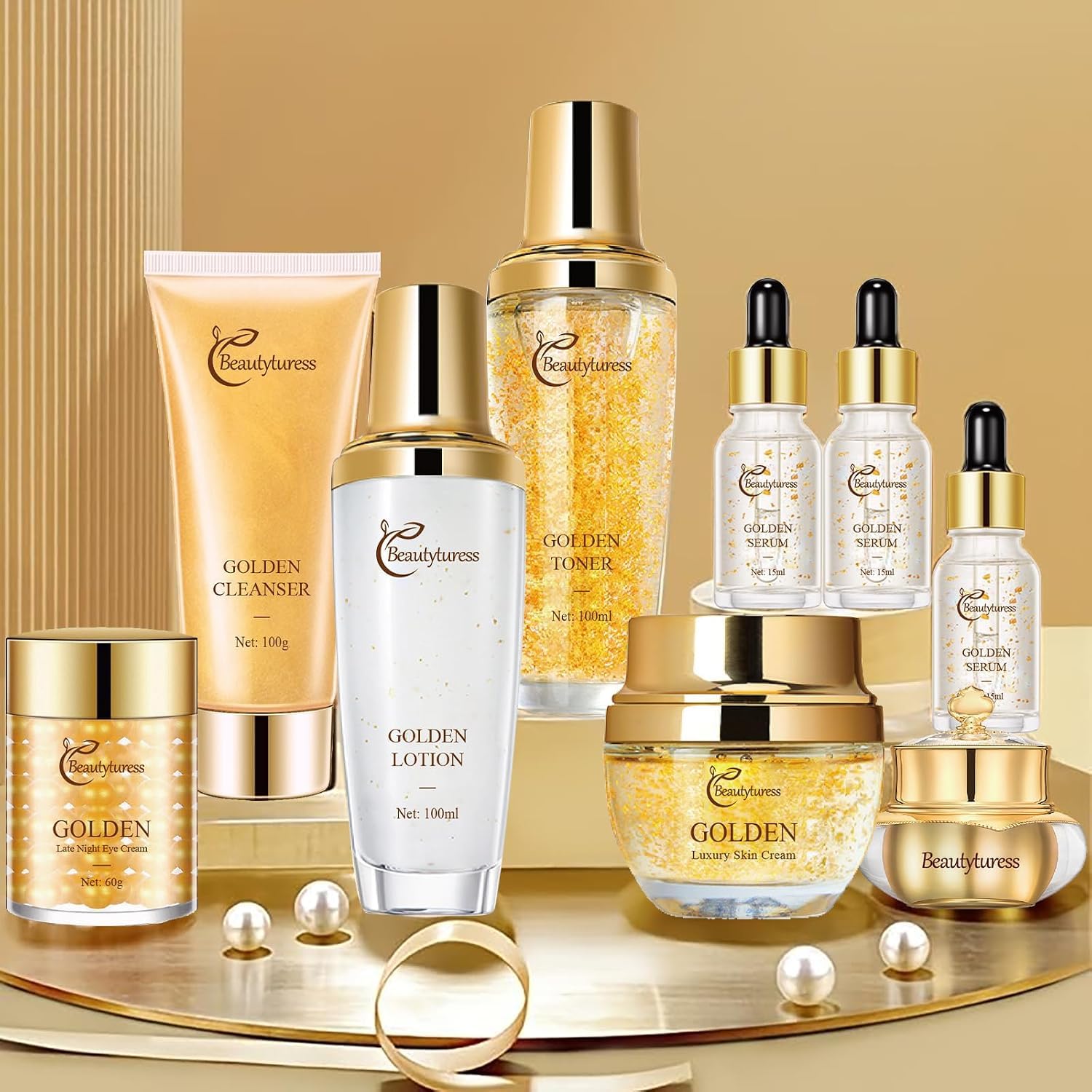 Golden Facial Skin Care Set with Cleanser, Toner, Lotion, Face Cream, Day Cream, Eye Cream & Serums, Hydrating Daily Skin Care Kit with Sodium Hyaluronate & Snail Mucin, Gift Set for Women