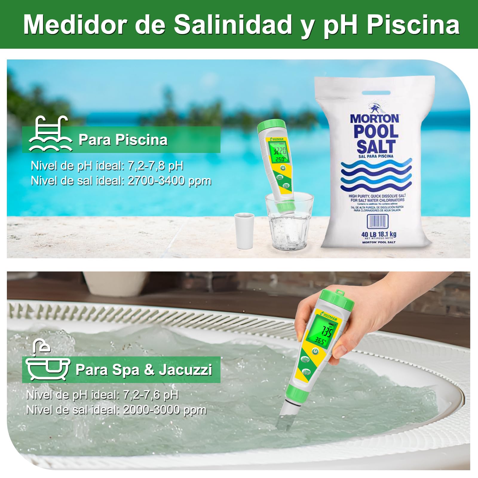 UIUZMAR Medidor de pH y Sal Piscina Salina, Test de Salinidad para Piscinas, Pantalla Digital 5 en 1, Medidor de pH TDS EC Salinidad Temperatura Para Piscina, Hidropónico, Acuario, Agua Potable, Spa