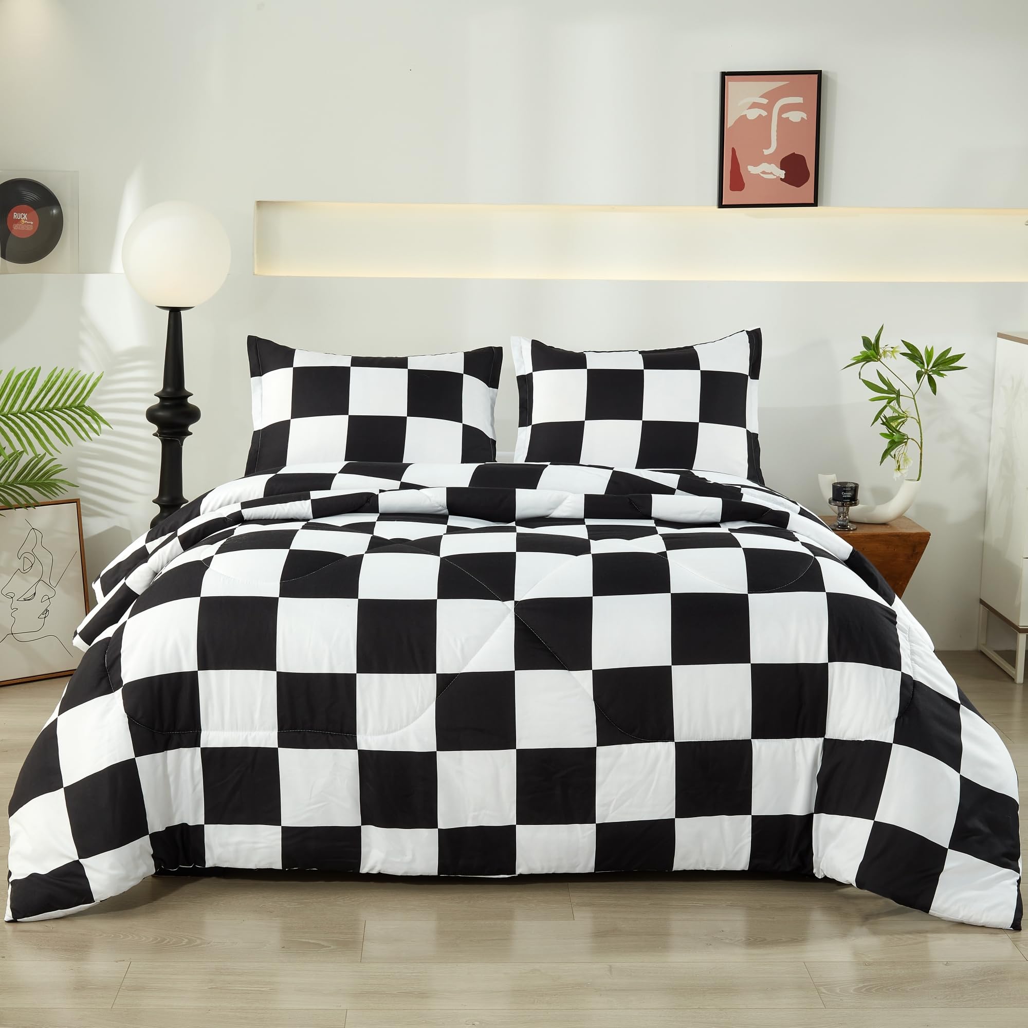 Anrenoti Black White Plaid Comforter Set, 3 Pieces Fluffy Gingham Checkered Down Alternative Comforter Full (79"x90"), Lightweight Microfiber