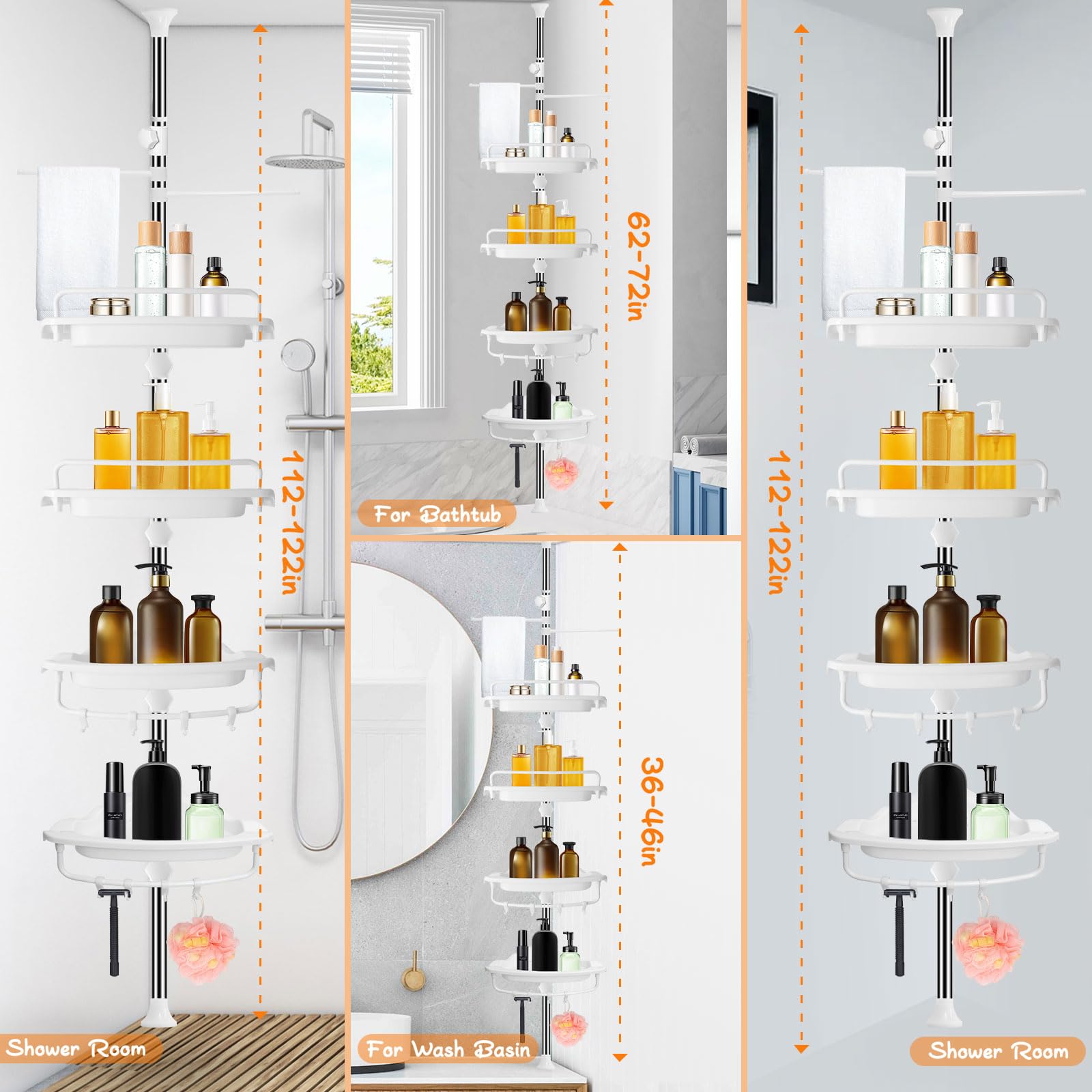 WSBArt Upgrade Stevige Douche Caddy Spanpaal Hoek Douche Caddy Badkamer Organizer 18/8 Roestvrij Staal Roestvrij 4 Tier Verstelbare Planken voor Bad Shampoo Accessoires Opbergrek 32-122inch