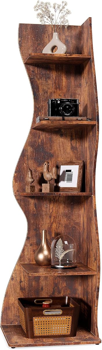 Estante de esquina de 70 pulgadas de LITTLE TREE, estante de exhibición Etagere en forma de algas marinas, estantes de pared independientes de 5 niveles para espacios pequeños, sala de estar, dormitorio, rústico, paquete de 1