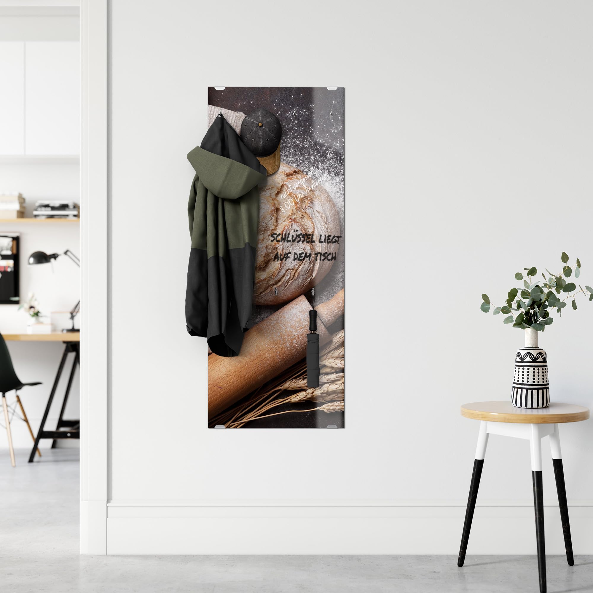 DEQORI Wieszak na ubrania ze szkła z nadrukiem motywu, wzór pionowy, 50 x 125 cm, motyw chleba z wałkiem do ciasta, szkło bezpieczne ESG z 7 haczykami – możliwość zapisywania i łatwy montaż – łatwy w