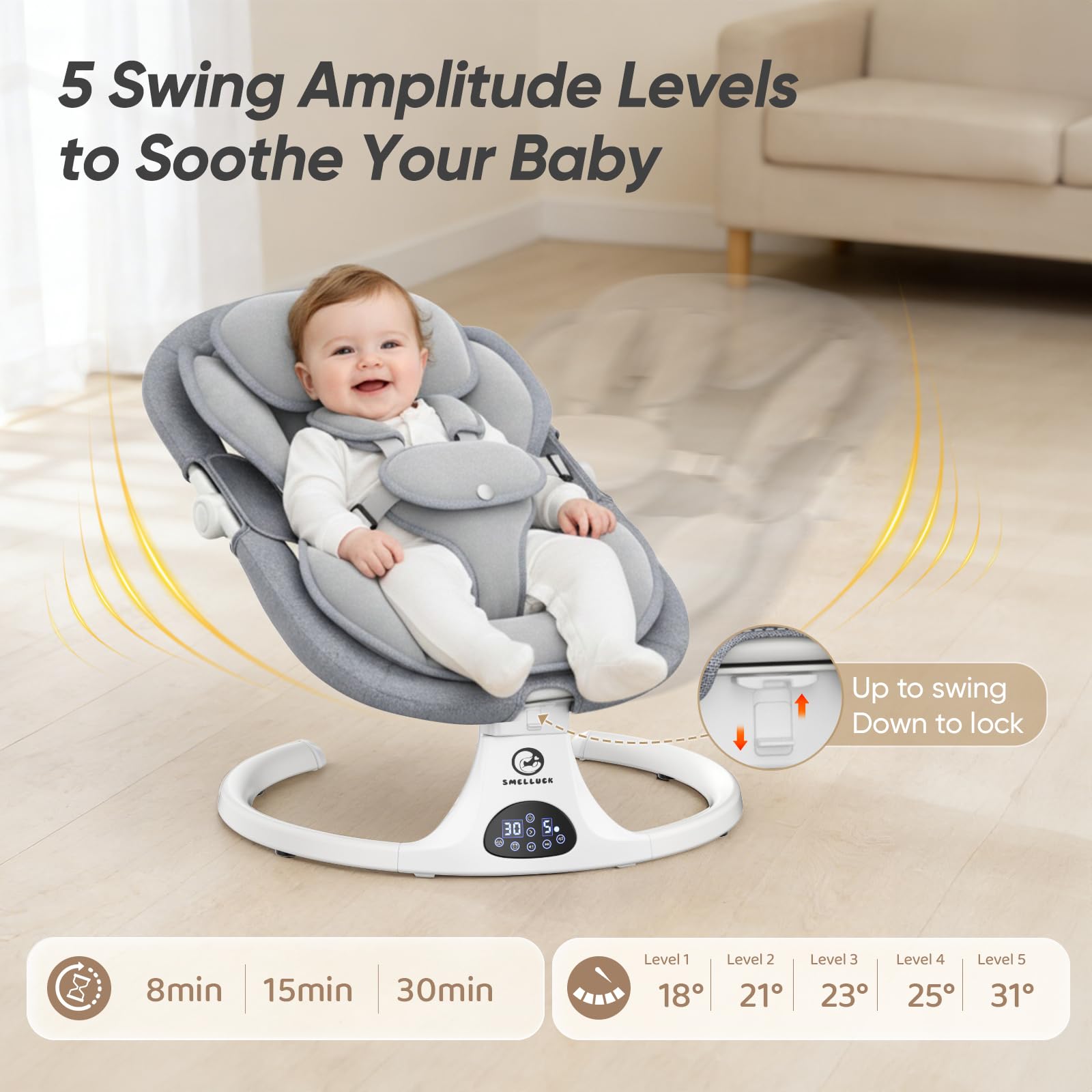 Balancelle Bébé Électrique avec Dossier Réglable sur 3 Positions | 5 vitesses, 12 mélodies apaisantes, minuterie 8/15/30 min, télécommande, coussin amovible, 3 alimentations